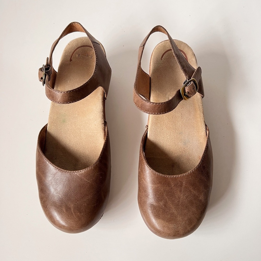 Dansko Mary Jane Clogs Size 40 Tan Brown Leather Platform Sandals Chunky Boho - Picture 3 of 10